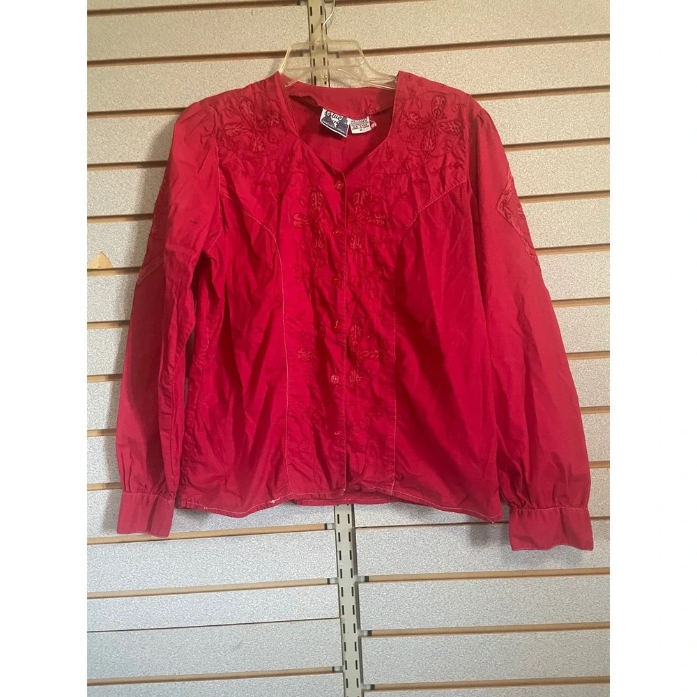 Vintage Blue Canyon Western Wear Red Embroidered Button Down‎ Shirt Top Medium